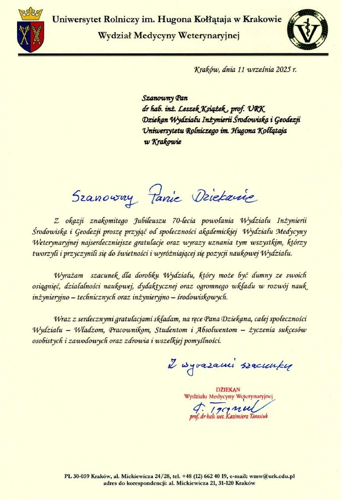 Dziekan WMW gratulacje