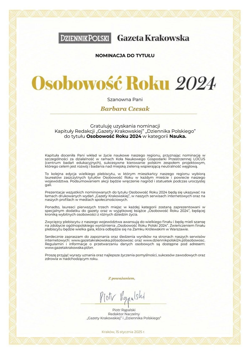 Nomination of Barbara Czesak as personality of the year 2024 in the category of science