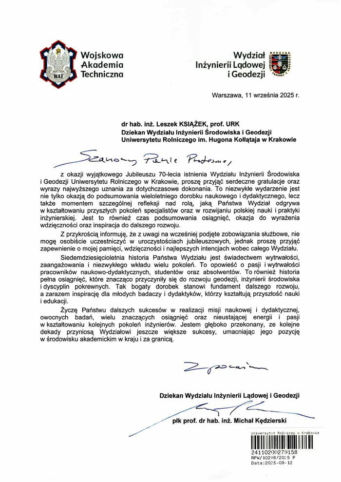 list gratulacyjny od Dziekana Akademii Technicznej