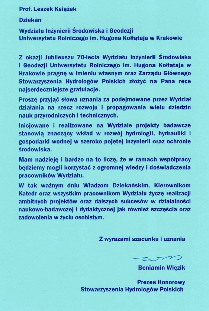 Stowarzyszenie Hydrologów - gratulacje