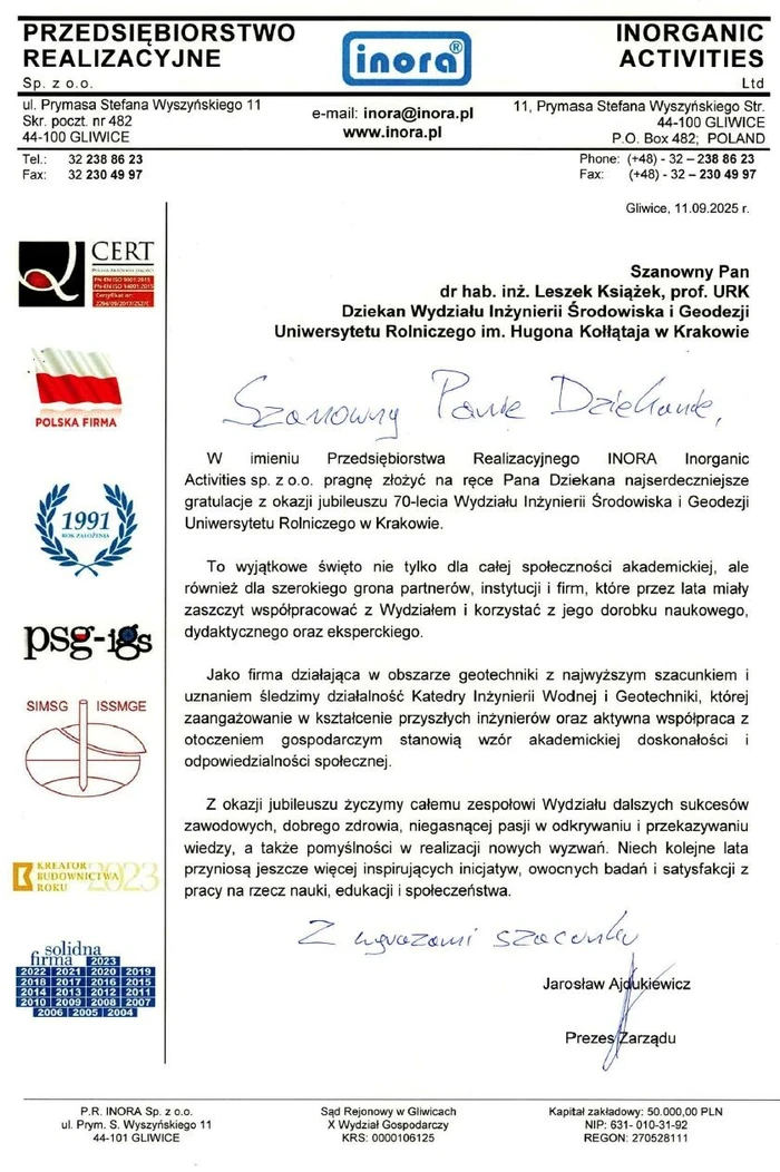 Gratulacje od firmy INORA
