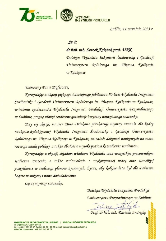 WIP uniwersytetu Przyrodniczego w Poznaniu - gratulacje