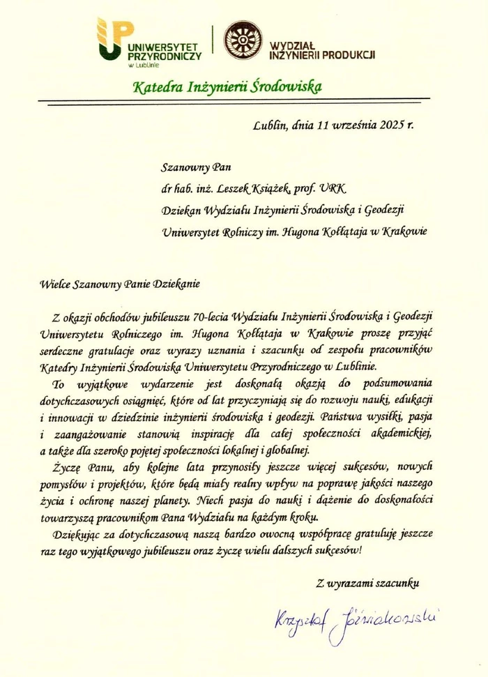 Uniwersytet Przyrodniczy w Lublinie - gratulacje