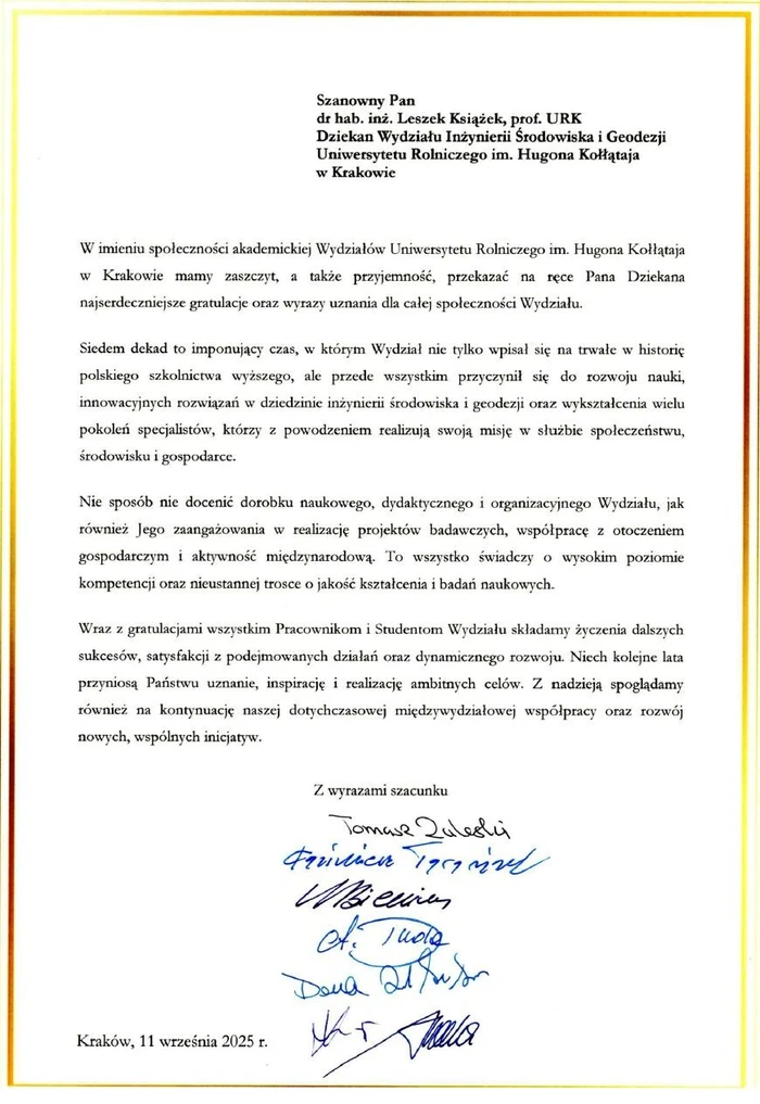 List gratulacyjny dziekanów URK